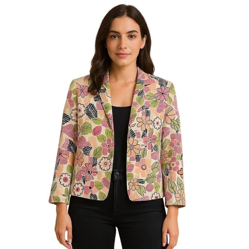 90s Retro J'ENVIE Cropped Tropical Print‎ Blazer New York Bright Multi-Color 10